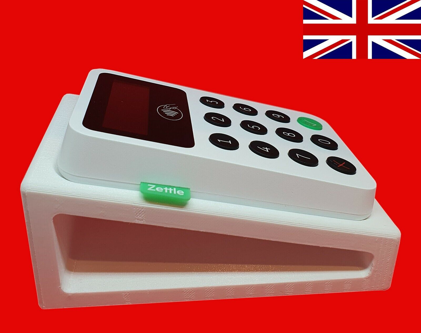 A sleek white iZettle card reader, featuring a keypad and display screen, is elegantly positioned on an unbranded stand for the point of sale dock versions v1 and v2. This setup rests against a vibrant red background, with the flag of the United Kingdom prominently displayed in the top right corner.