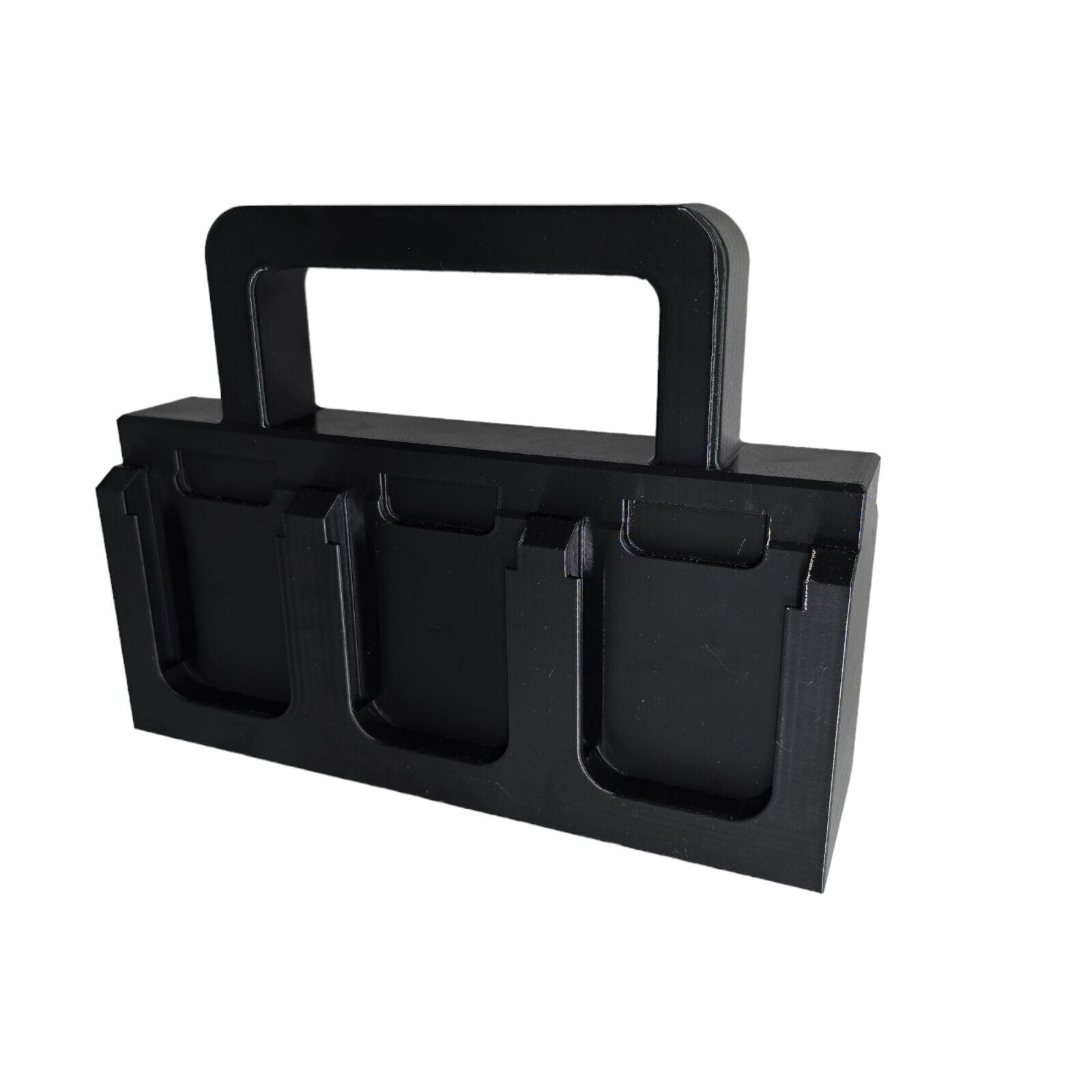 Introducing the HEAVY DUTY 6X Battery Basket Carrier Caddy Holder for Makita by Battery: This black plastic carry case features three slots and a rectangular handle, ideal for organizing and transporting items like Makita batteries. Its 3D printed design provides a sleek, minimalist look against a white backdrop.