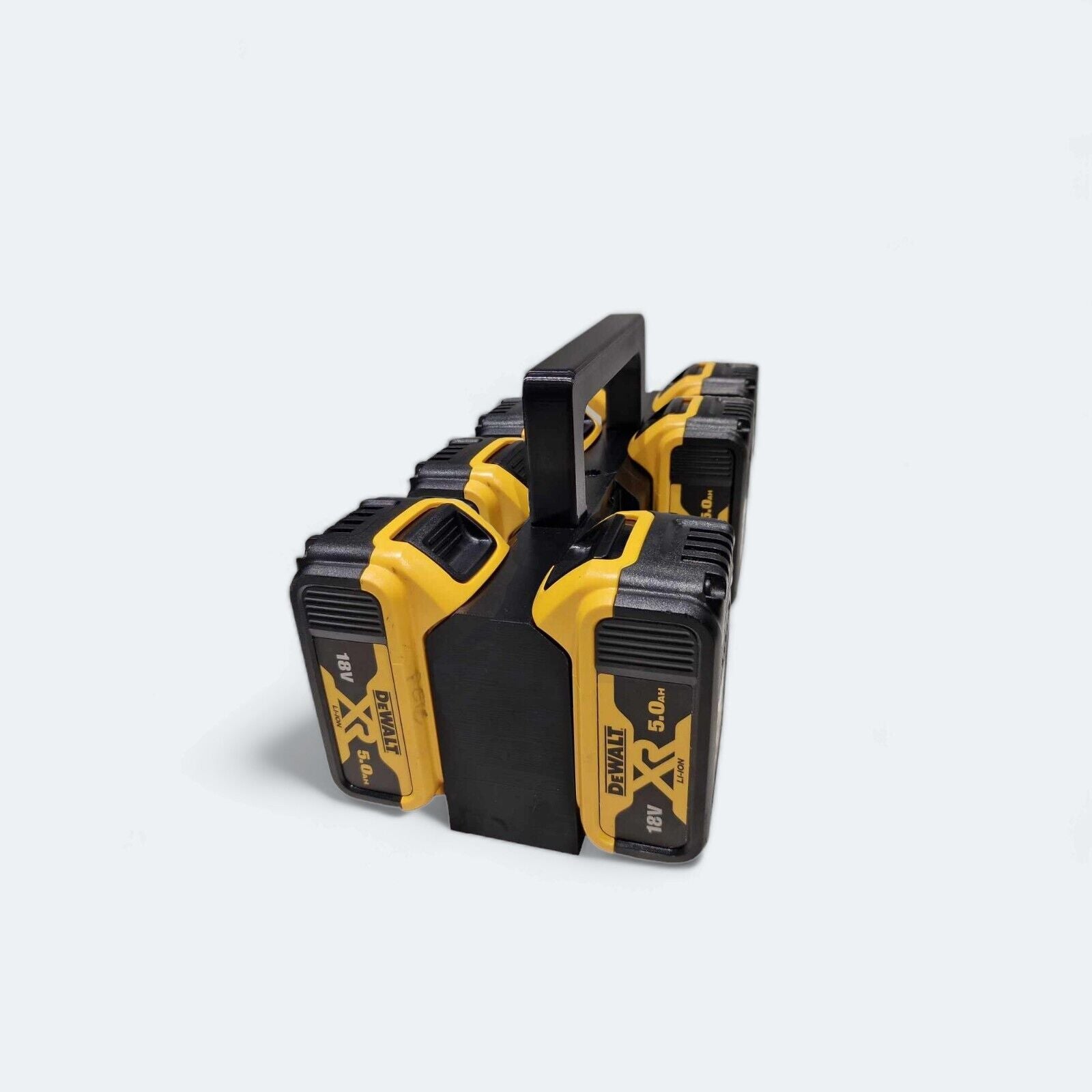 A set of eight yellow and black lithium-ion batteries is neatly arranged in two rows on an Ice3Dprints DeWALT-compatible Battery Basket Carrier Caddy Holder, complete with a handle. The batteries showcase the model name and capacity, positioned against a plain light gray background.