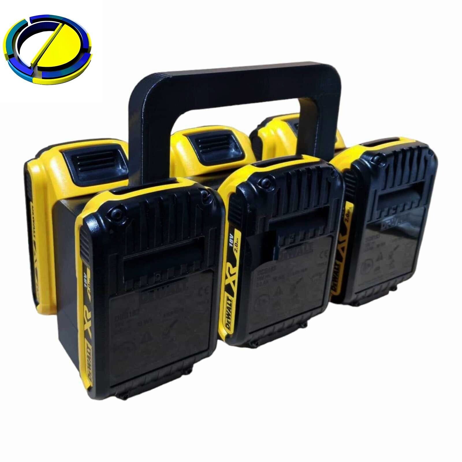 A set of six yellow and black Battery Basket Carrier Caddies for DeWALT power tools by Ice3Dprints, featuring a convenient black handle on top for easy carrying. These portable caddy holders are designed for efficient energy use and effortless transportation.