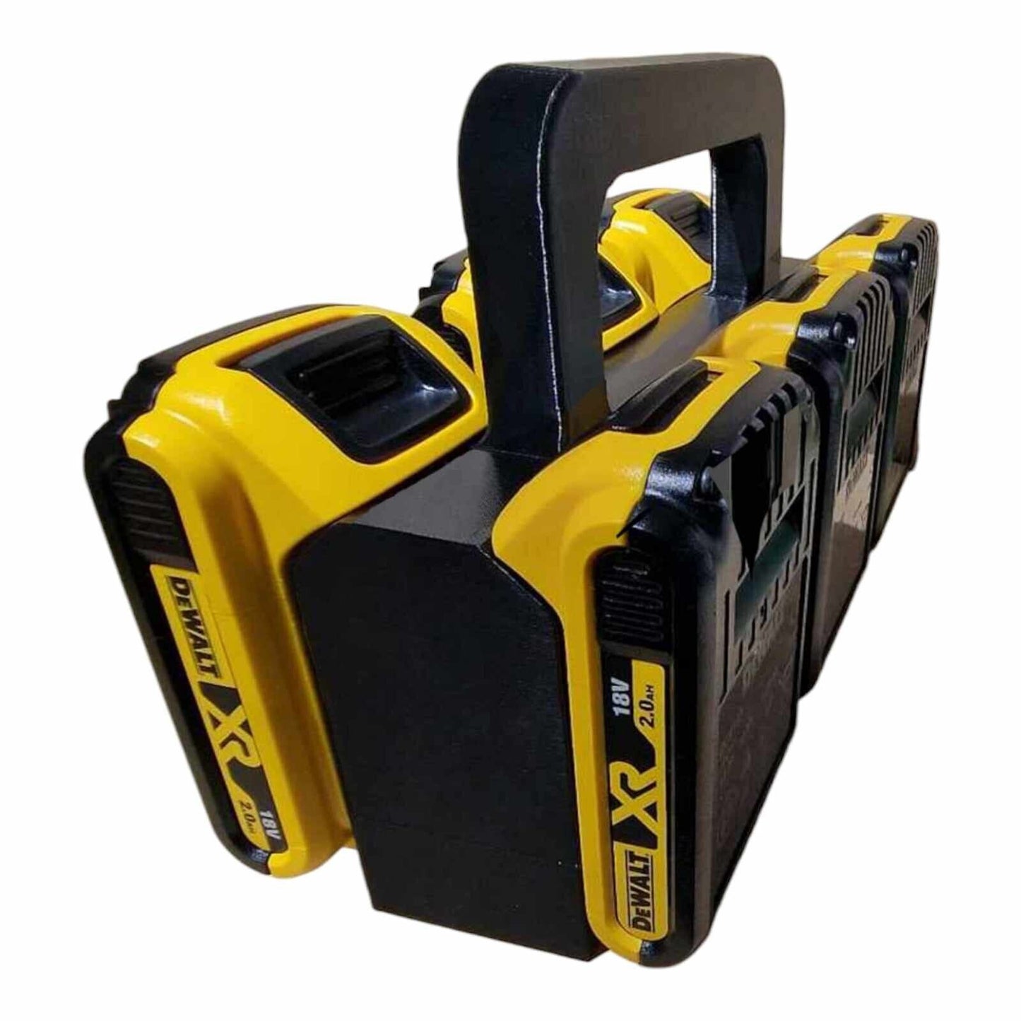 A set of four yellow and black DeWalt XR 18V 2.0Ah lithium-ion batteries, neatly organized in an Ice3Dprints Battery Basket Carrier Caddy Holder designed for easy transportation.