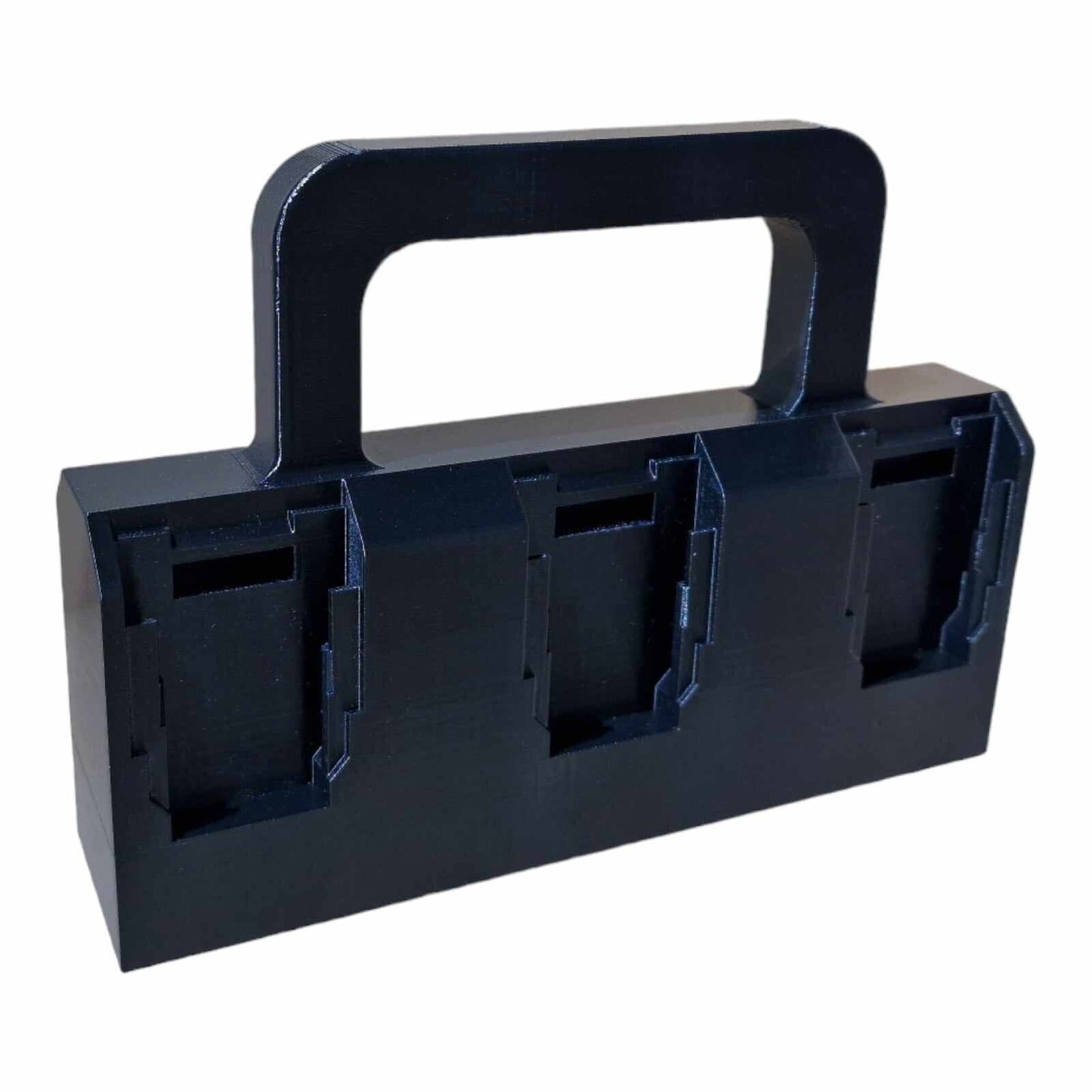 Introducing the 6x Battery Basket Carrier Caddy Holder from Ice3Dprints, designed specifically for DeWALT power tools. This product features a black plastic construction with three rectangular slots and a robust handle on top, providing an ideal solution for securely storing and easily carrying your tools. Its sleek, geometric design ensures durability and convenience wherever you go.