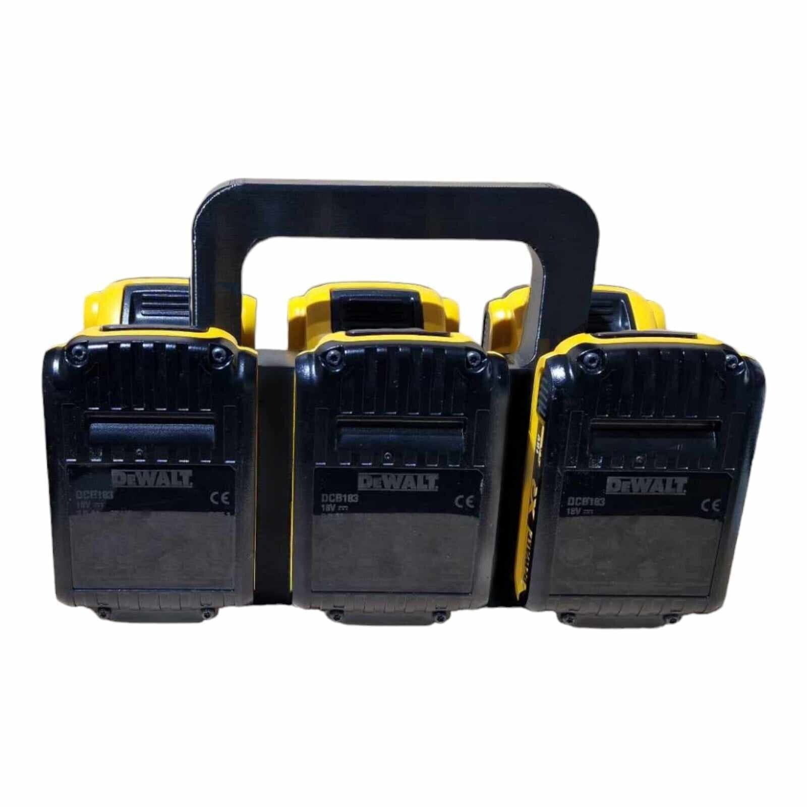 A set of three yellow and black DeWalt lithium-ion batteries are securely placed in an Ice3Dprints 6x Battery Basket Carrier Caddy Holder, featuring a convenient black handle. The branding and model details on each battery are clearly visible, making it easy to carry around your DeWalt power tools.