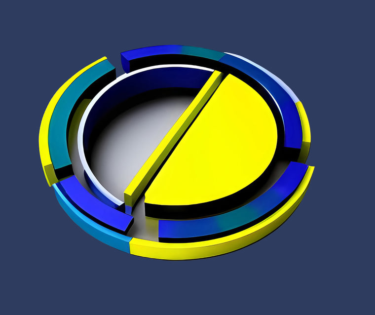 A circular 3D abstract design featuring a yellow semi-circle on the right and a gray semi-circle on the left. The shape is bordered by alternating blue and green segments, all set against a dark blue background.