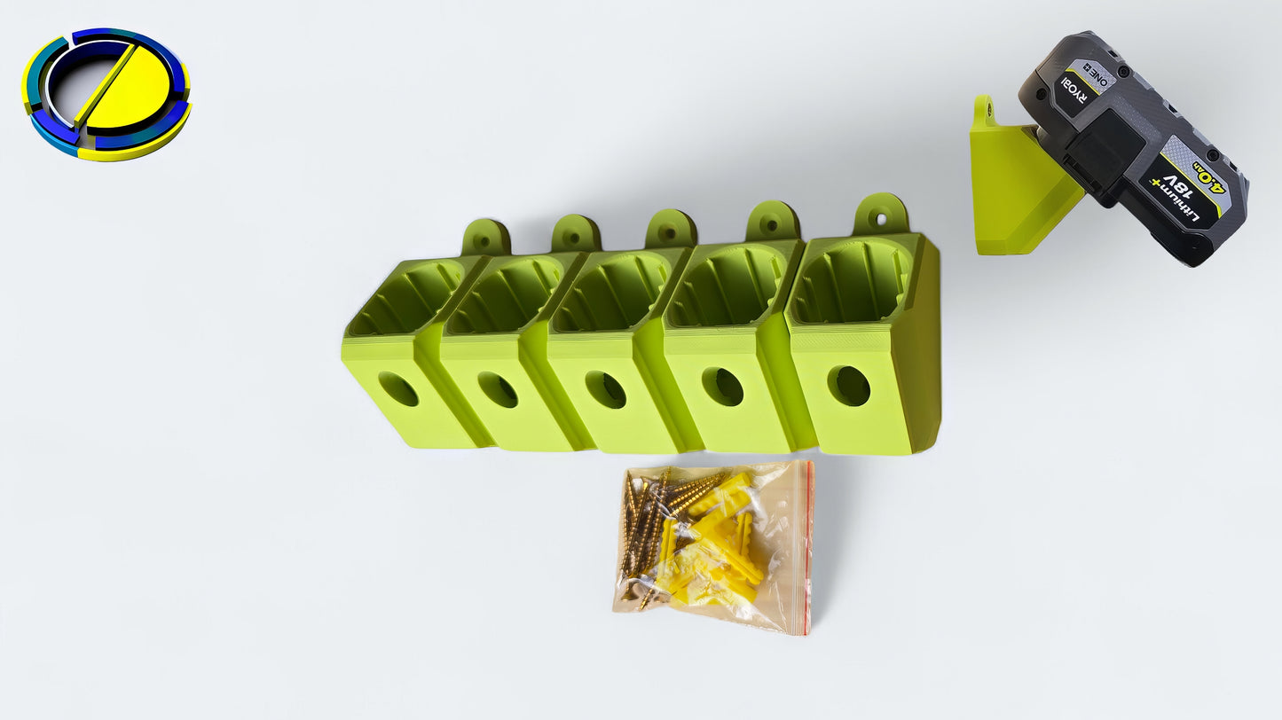 The image showcases the "5Pcs Battery Holder Compatible with For Ryobi 18V Wall Mounted Battery Mounts" from ice3dprints, displaying five expertly angled green wall-mounted brackets at 45 degrees. It also features a compatible Ryobi battery holder for a cordless drill battery, along with a small bag of screws and yellow wall anchors. A vibrant round logo decorates the top left corner.